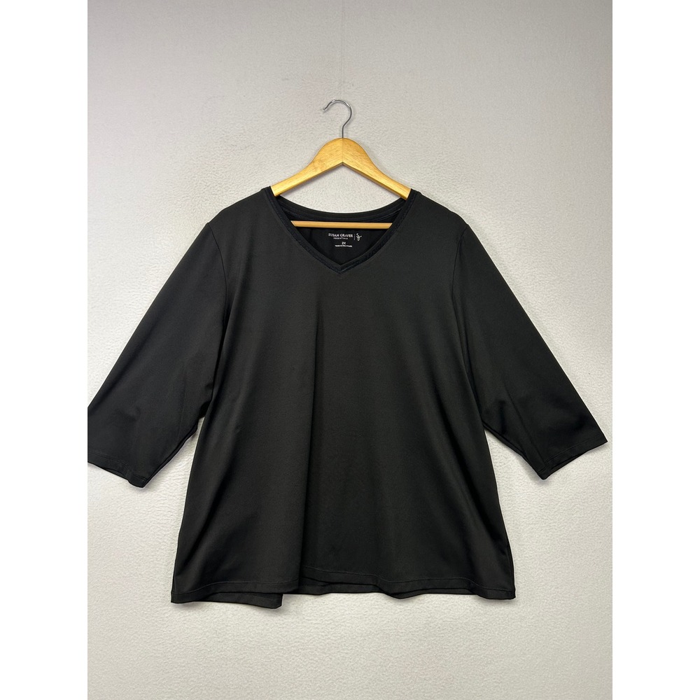 Minimalist Susan Graver Essentials Womens 2X Black V-Neck 3/4 Sleeve Top
